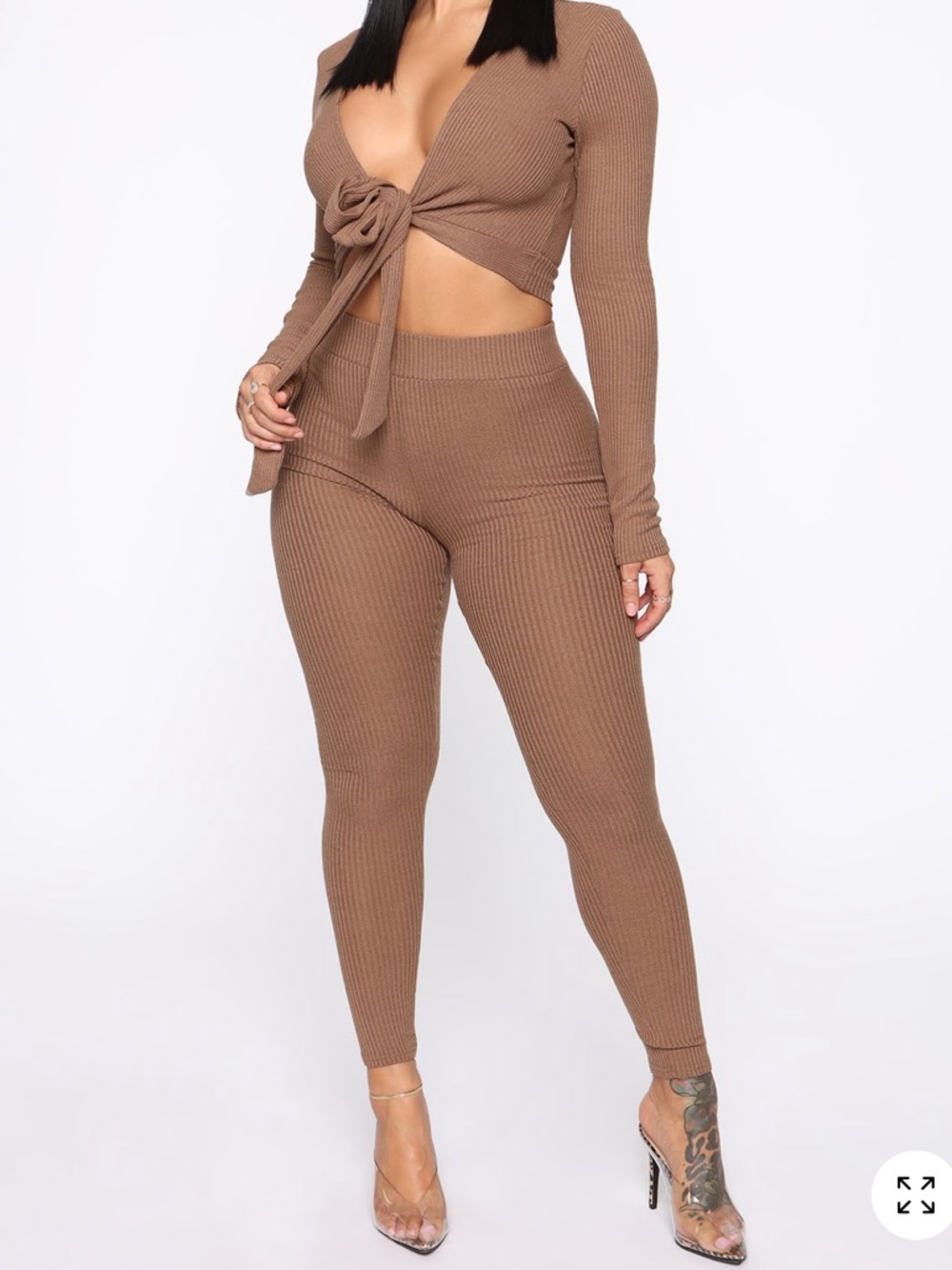 Fashion Nova Ribbed Tie-Front Crop Top & High-Waist Leggings Set - Tan